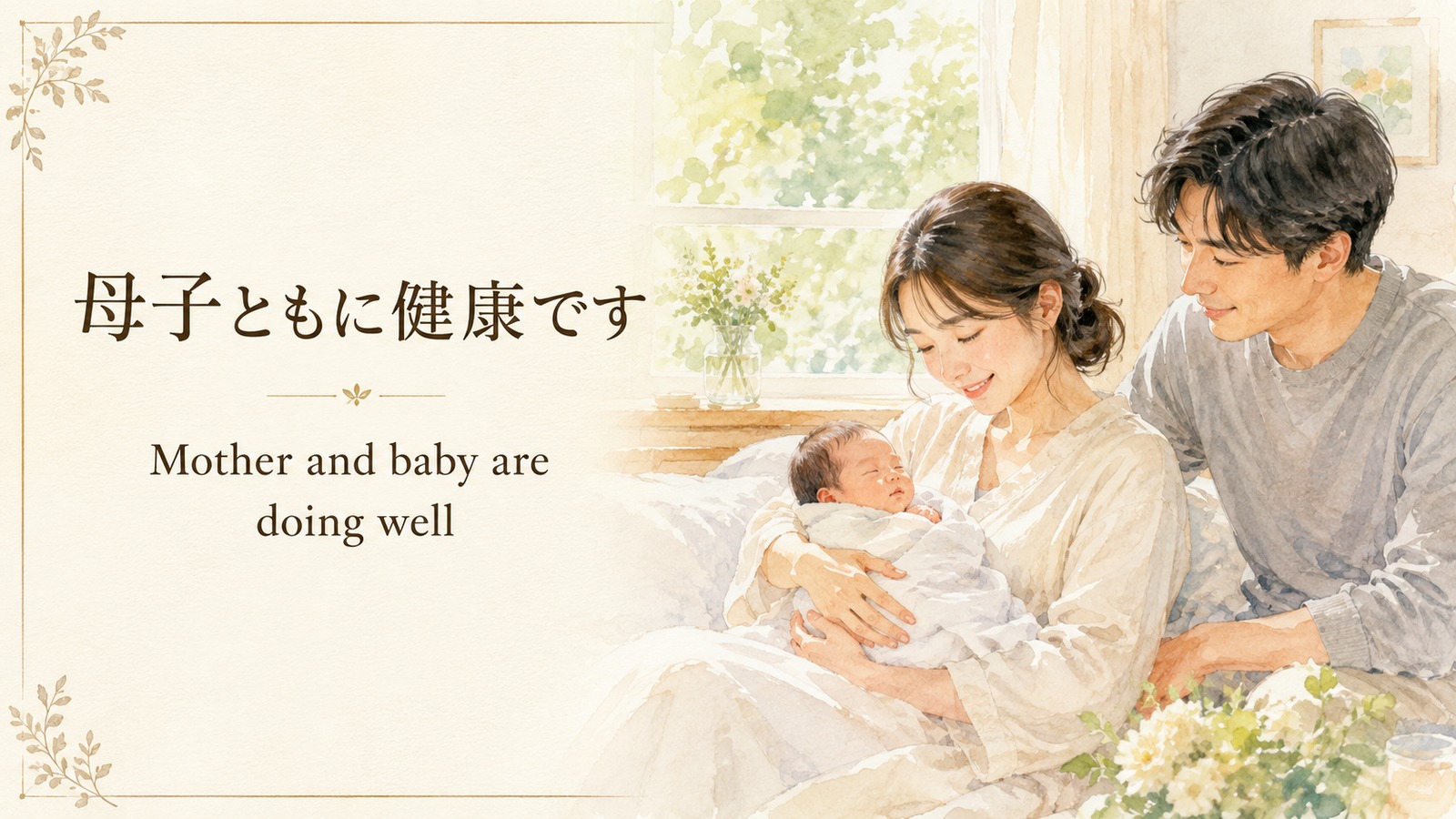母子ともに健康ですの英語表現を解説するアイキャッチ