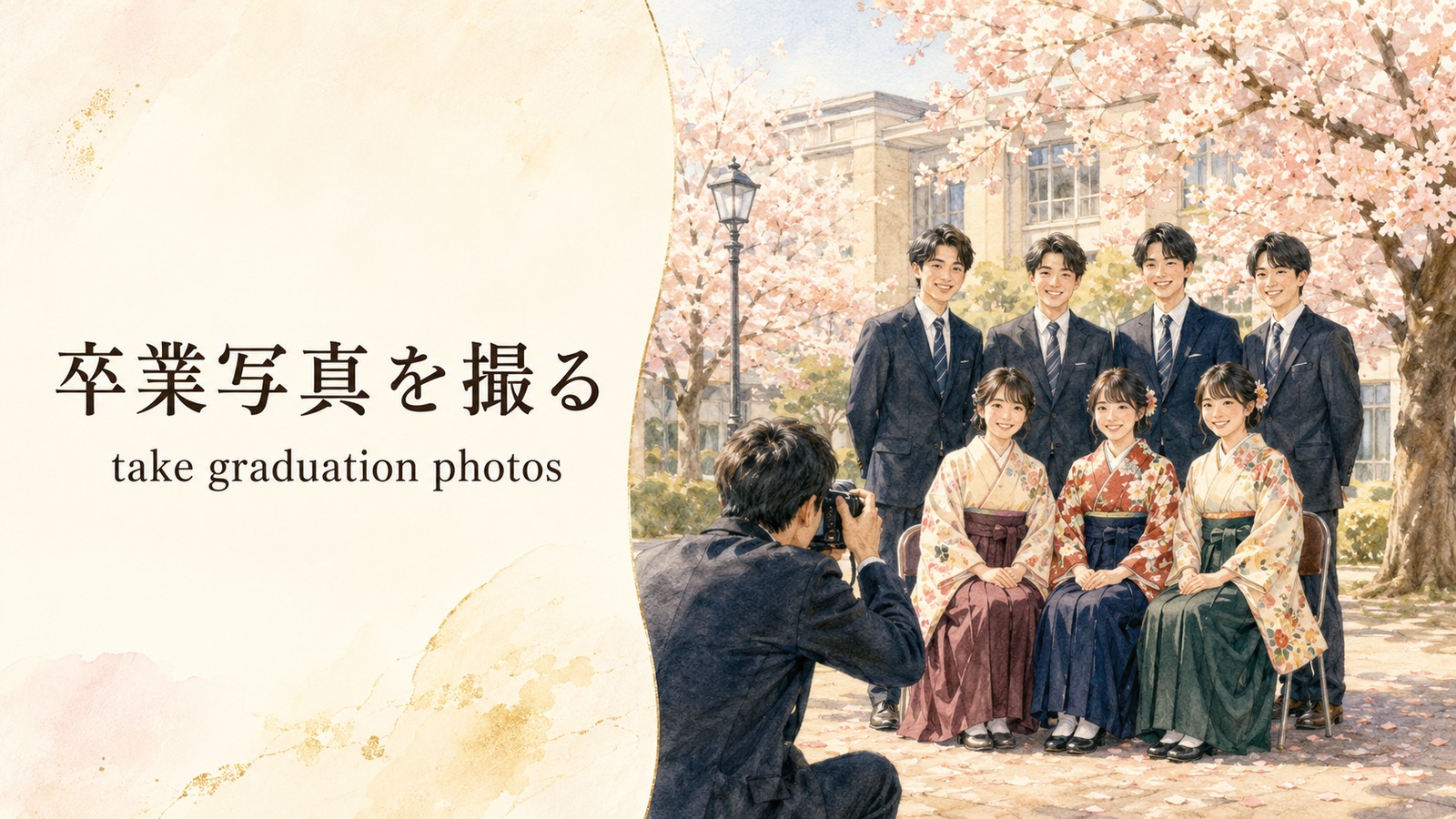 卒業写真を撮るの英語表現を解説するアイキャッチ