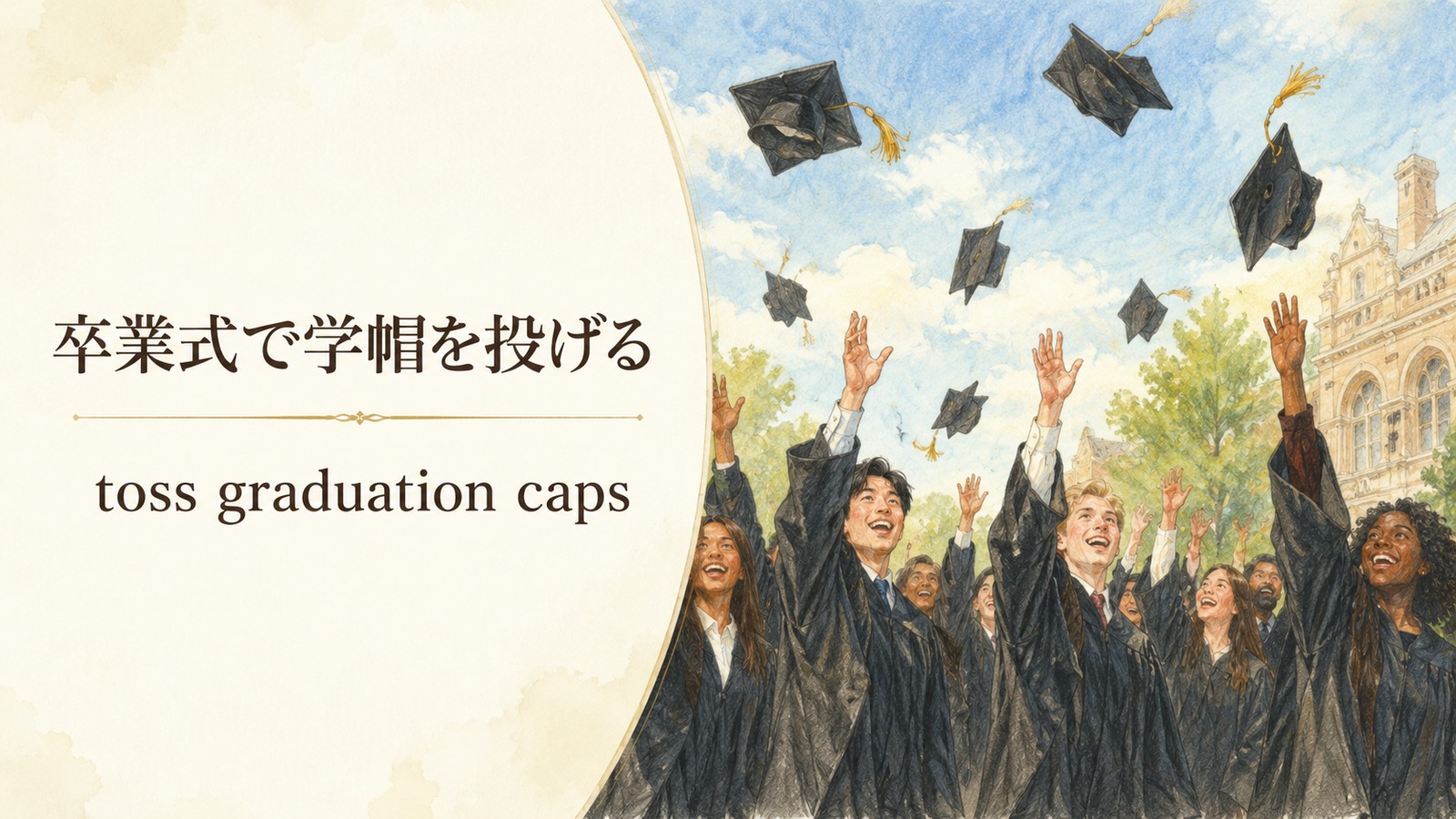 卒業式で学帽を投げるの英語表現を解説するアイキャッチ