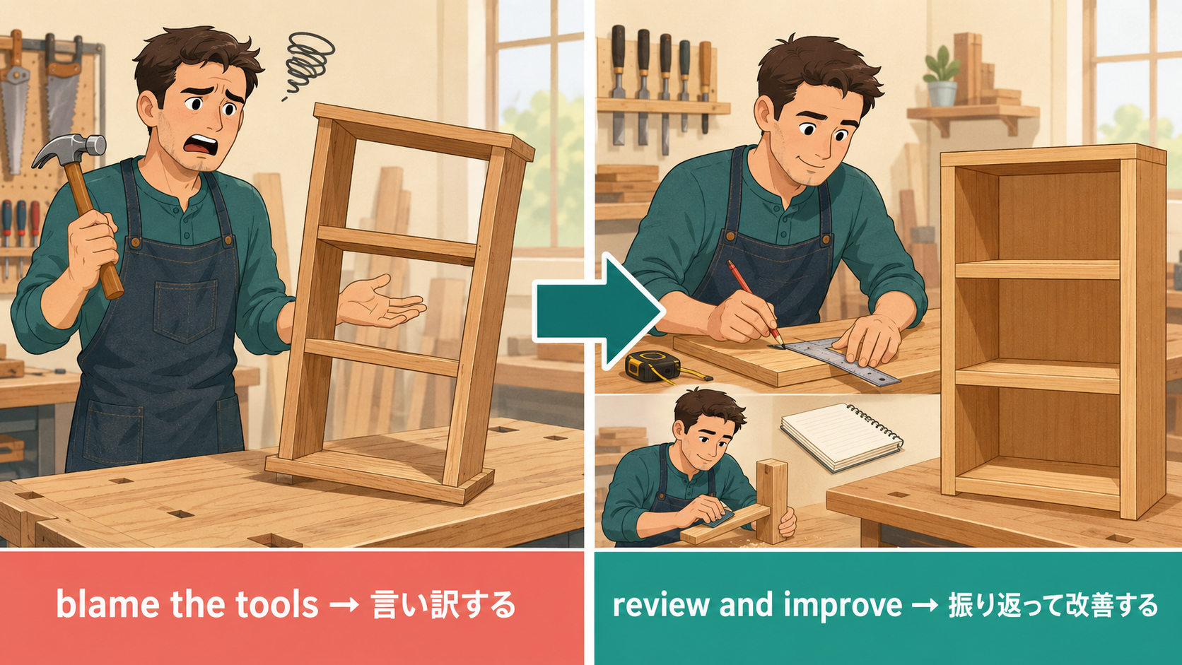 道具のせいにする人と振り返って改善する人を比べた解説イラスト
