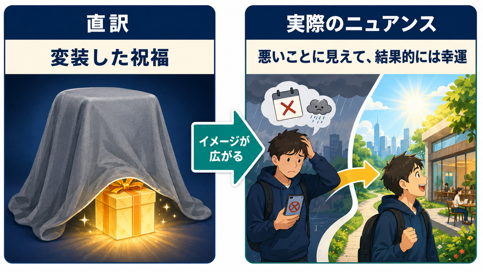 a blessing in disguiseの直訳「変装した祝福」から「悪いことに見えて結果的には幸運」へのニュアンスを比較したイラスト