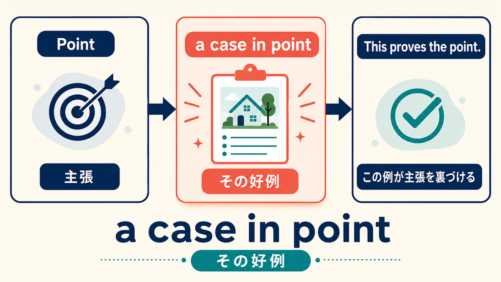 a case in pointが主張を裏づける具体例を表すことを示す図
