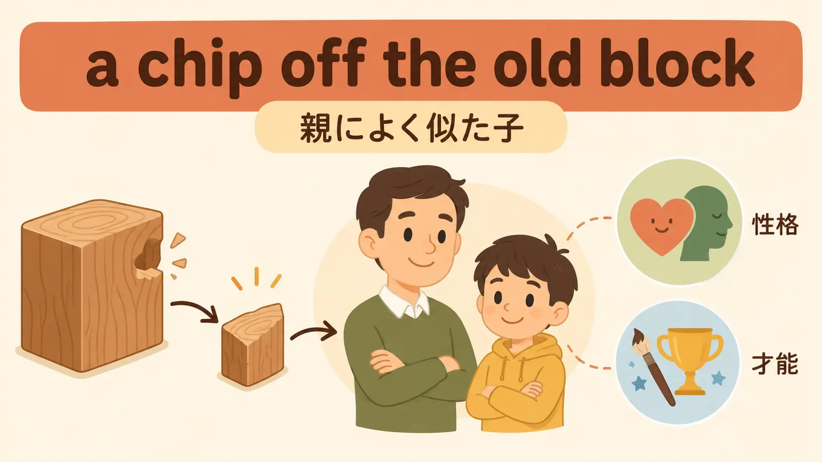 a chip off the old blockの中心イメージとニュアンスを解説するイラスト