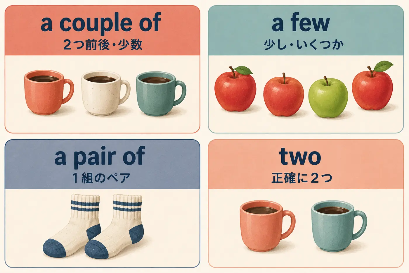 a couple ofとa fewとa pair ofとtwoの違いを示す図解
