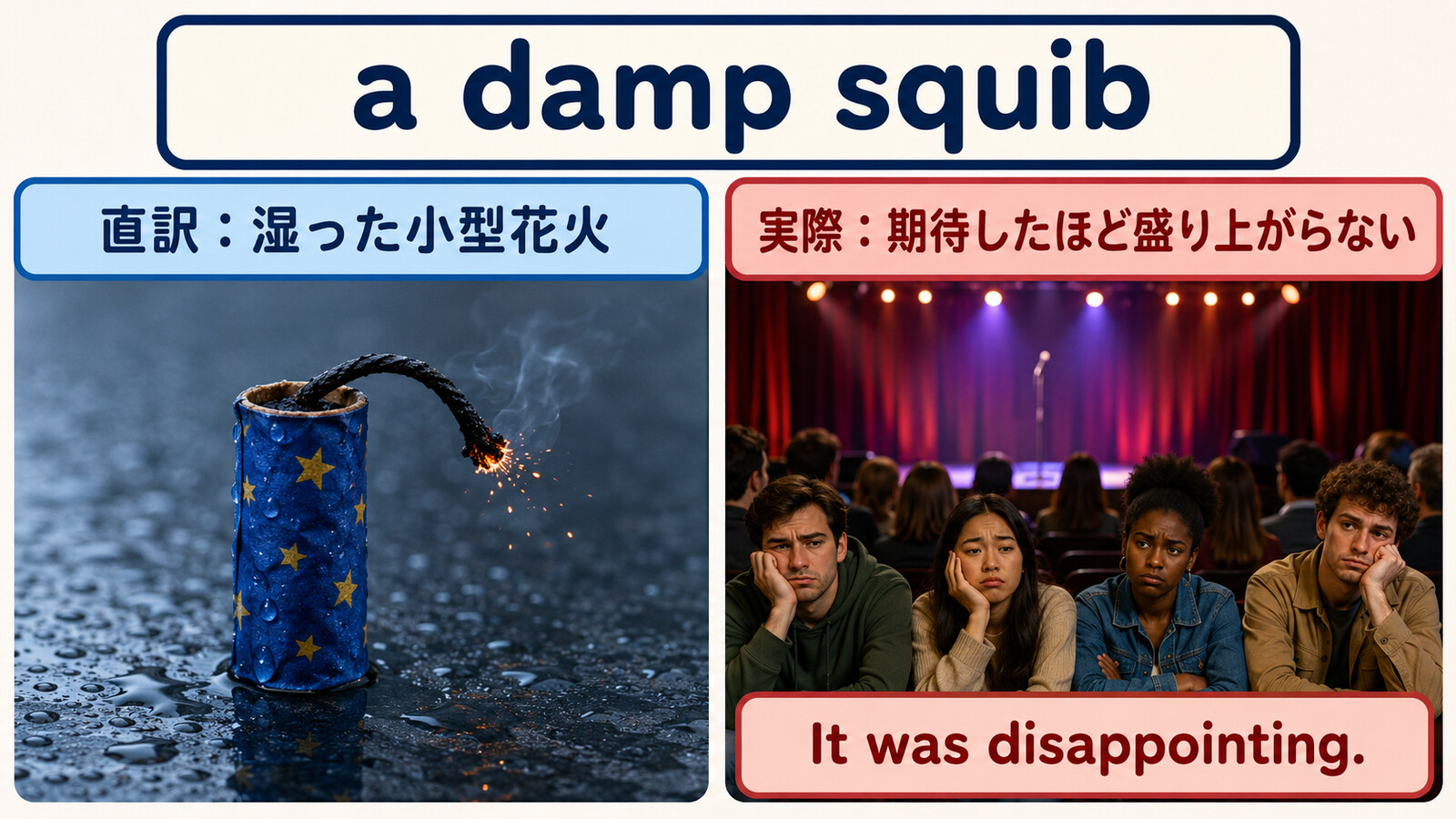 a damp squibの直訳と期待したほど盛り上がらないという意味