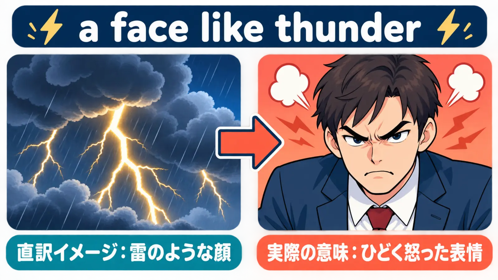 a face like thunderの直訳イメージと実際のニュアンスの比較図