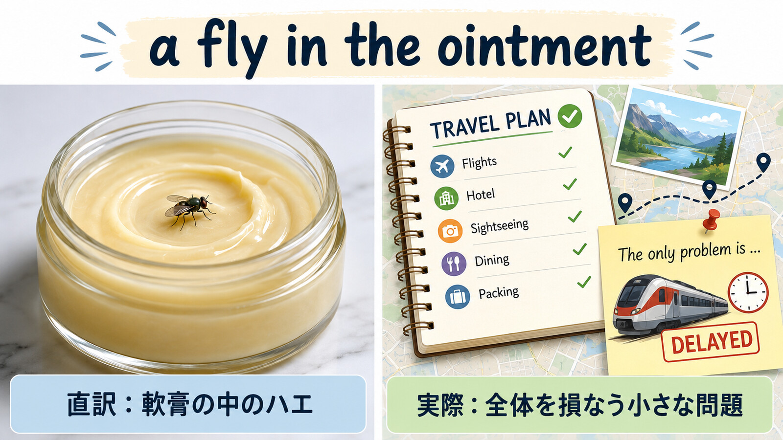 a fly in the ointmentの直訳と全体を損なう小さな問題という意味