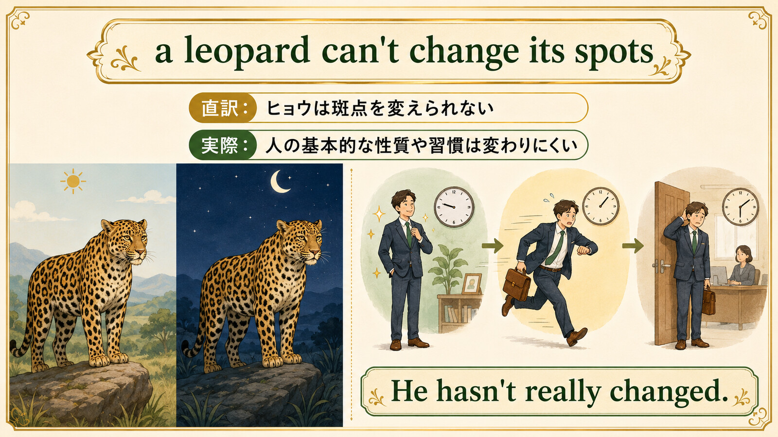 ヒョウの斑点から人の性質は変わりにくいという意味を説明するイラスト