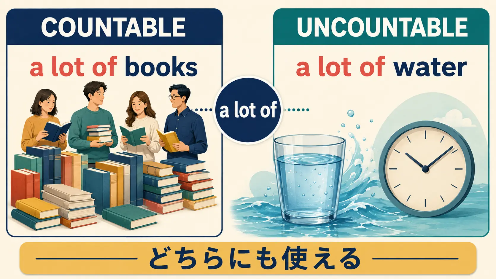 a lot of booksとa lot of waterで可算名詞・不可算名詞を比較する図解