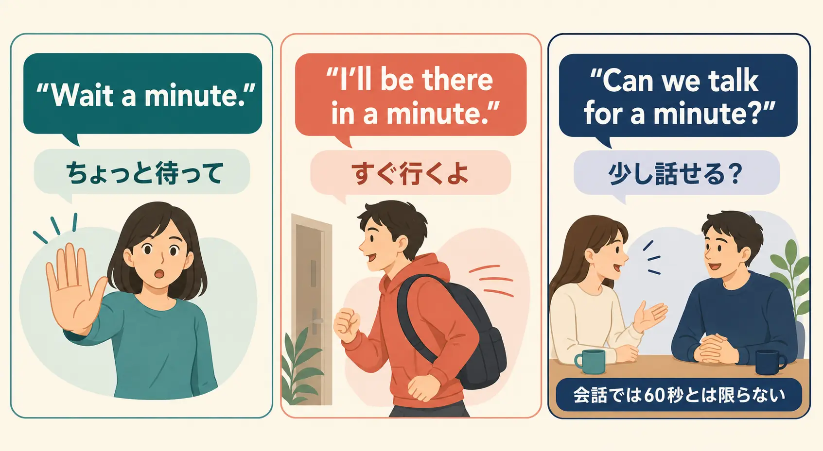 Wait a minute、in a minute、for a minuteの違いを3場面で示す図