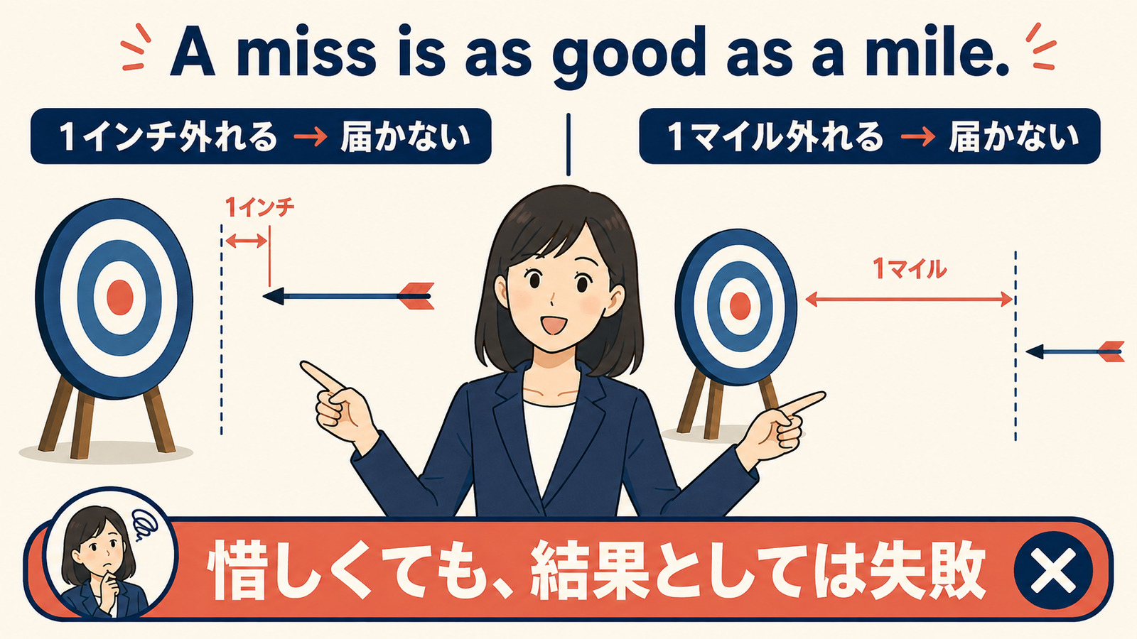 A miss is as good as a mile.の直訳と「惜しくても結果としては失敗」というニュアンスの比較イラスト