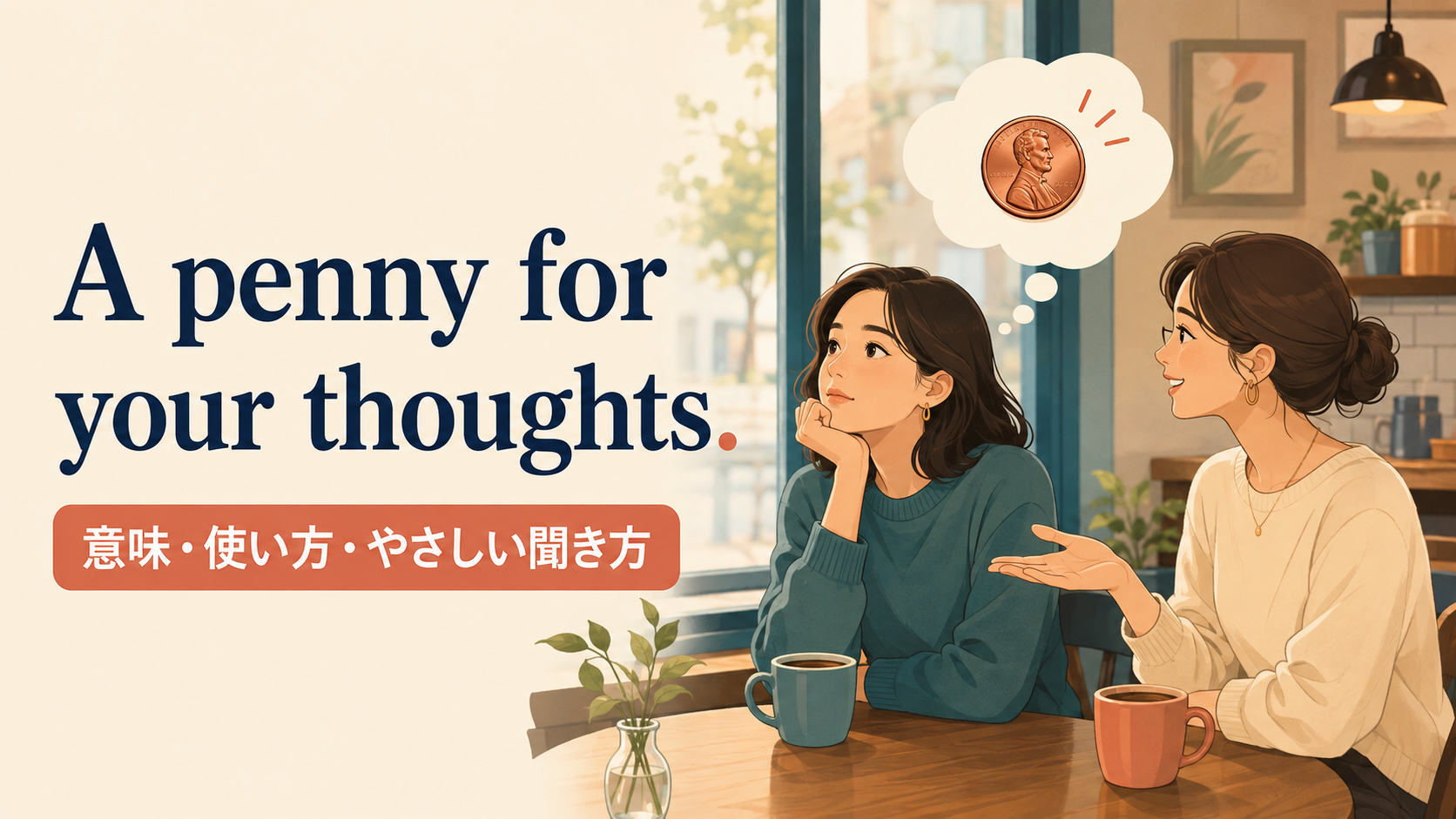 A penny for your thoughts.の意味・使い方・やさしい聞き方を示すアイキャッチ