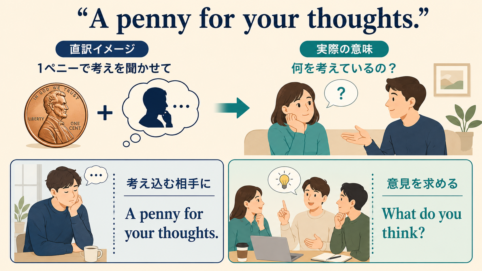 A penny for your thoughts.の直訳と実際の意味、What do you think?との違いを示す図