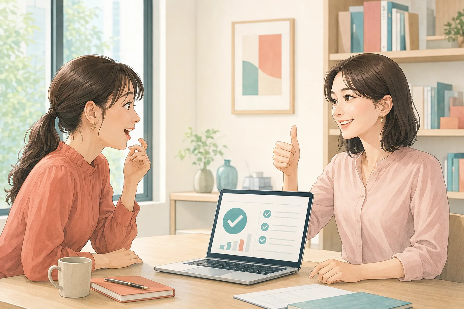 仕事を簡単に終えて会話する二人の女性