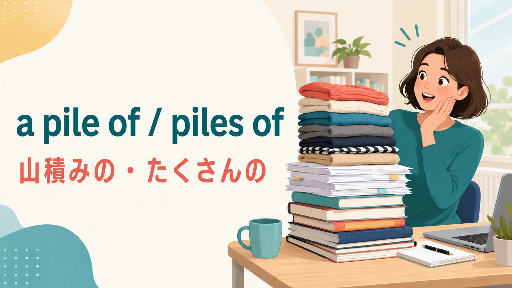 a pile ofとpiles ofが山積みの物や大量を表すことを示すイラスト