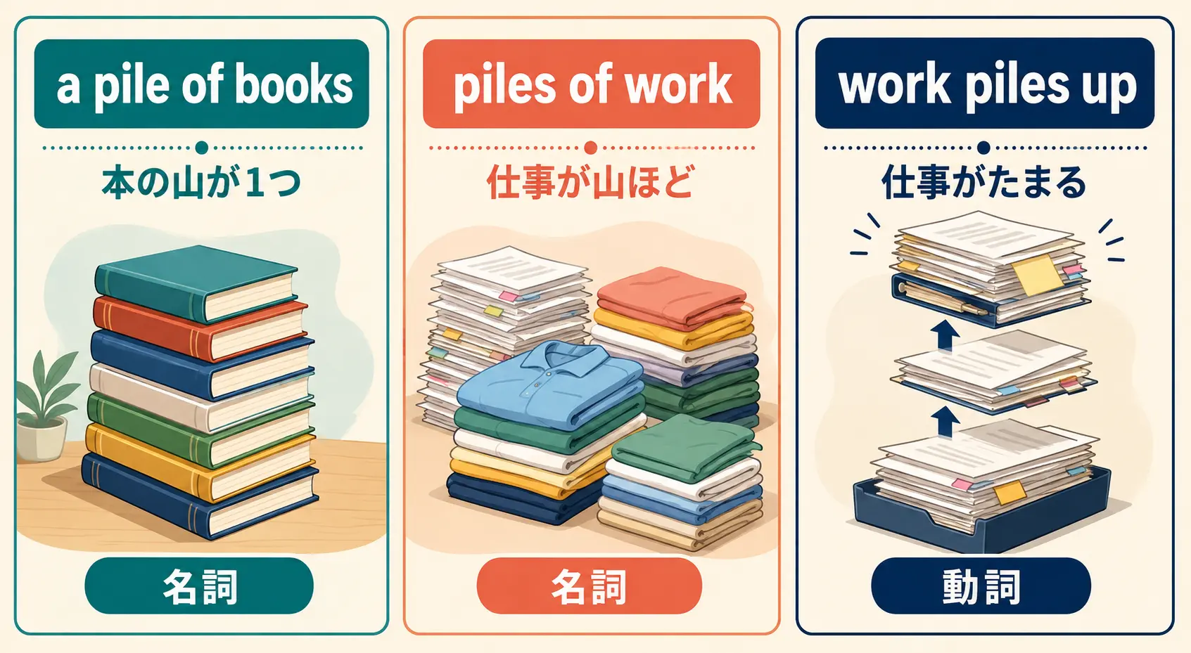 a pile of、piles of、pile upの意味と品詞の違いを比較する図