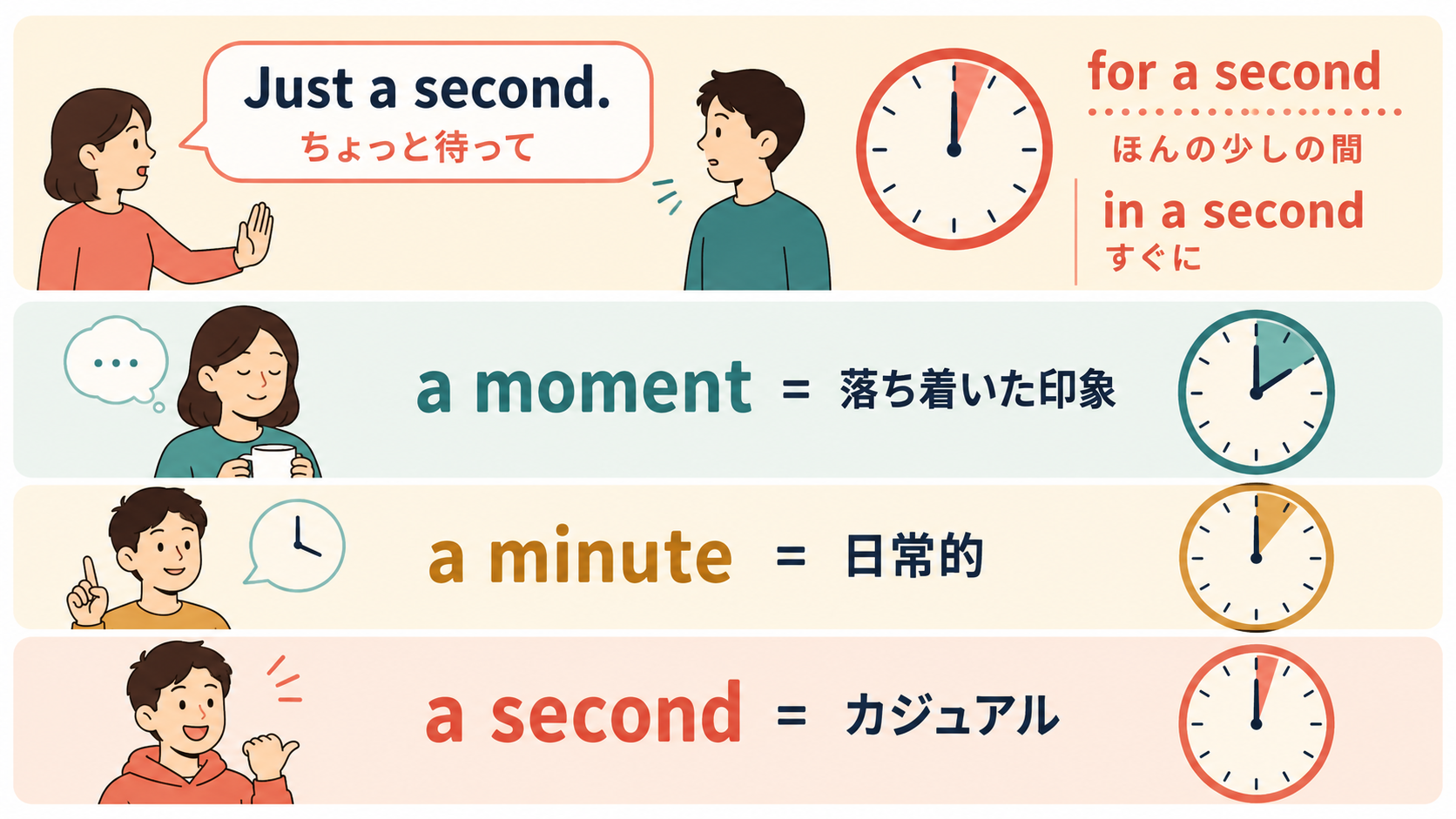 Just a second、for a second、in a secondとa moment・a minuteの違いを示すイラスト