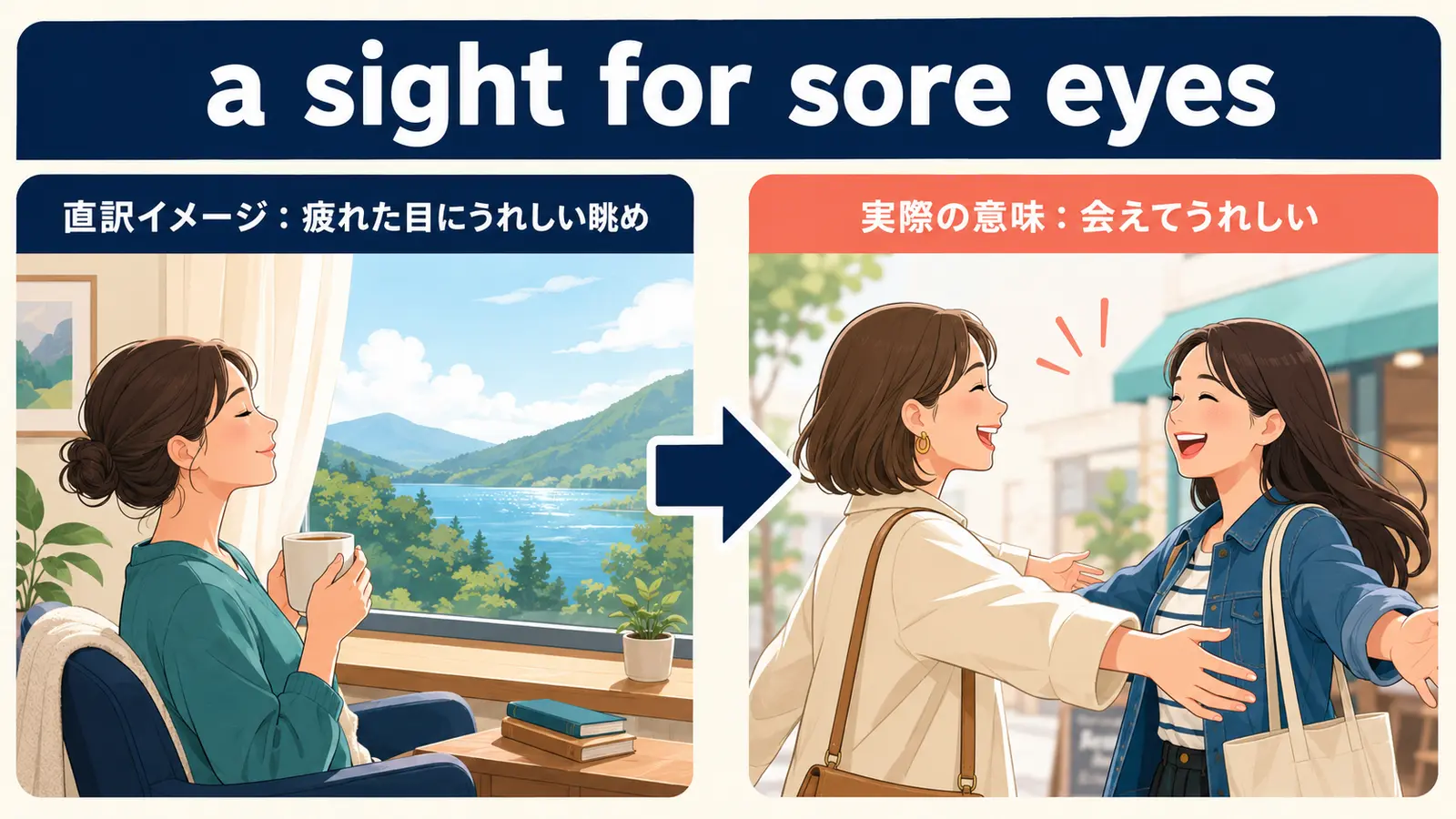 a sight for sore eyesの直訳イメージと実際のニュアンスの比較図