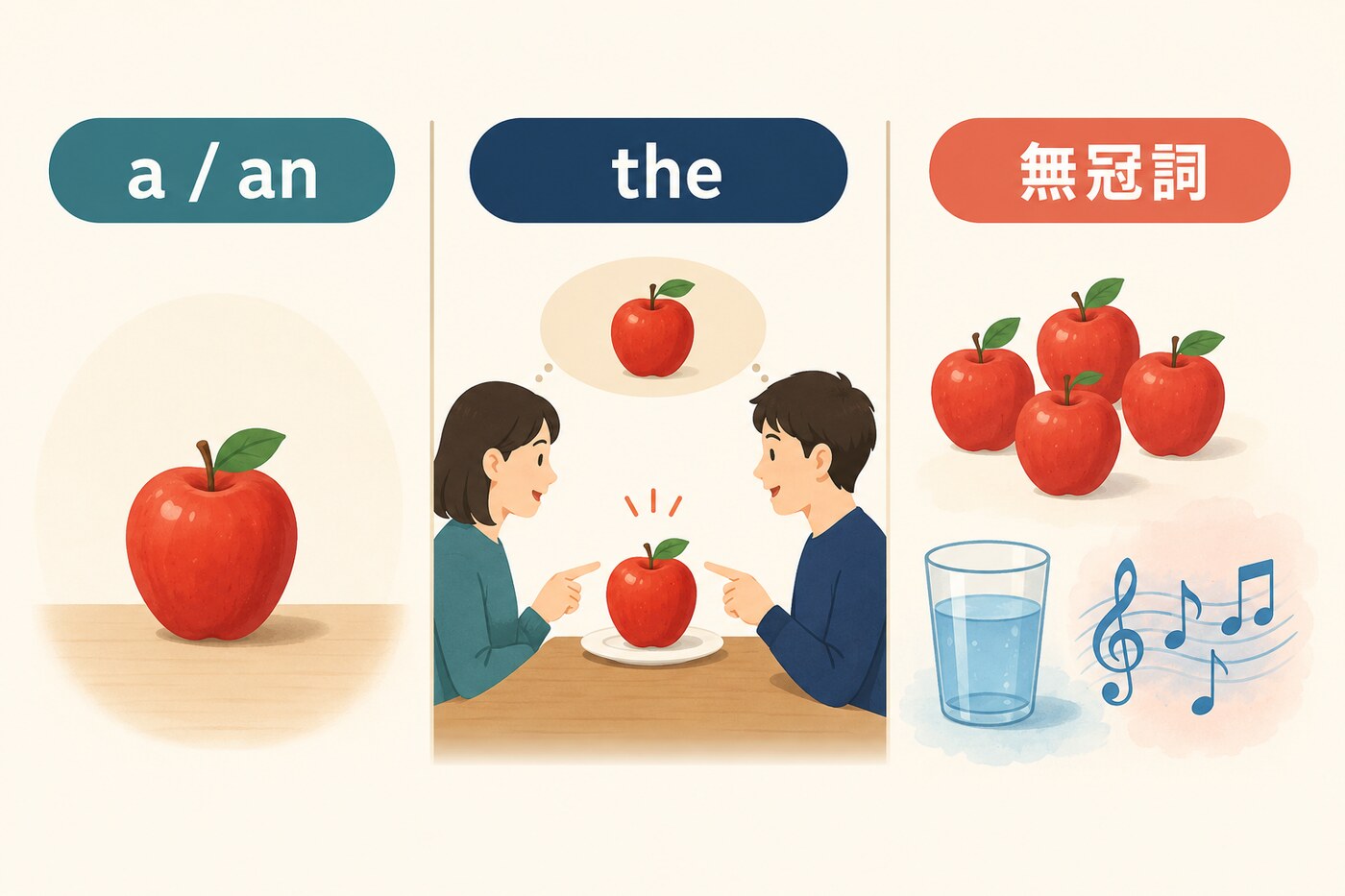 a an・the・無冠詞の違いをりんごと水と音楽で示した図