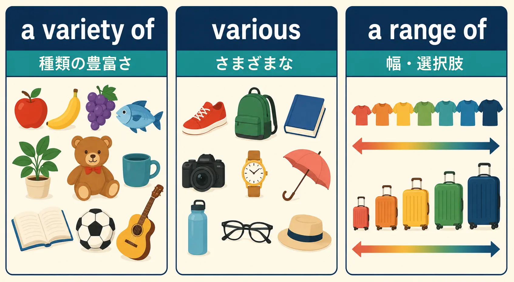 a variety of、various、a range ofの違いを説明する図