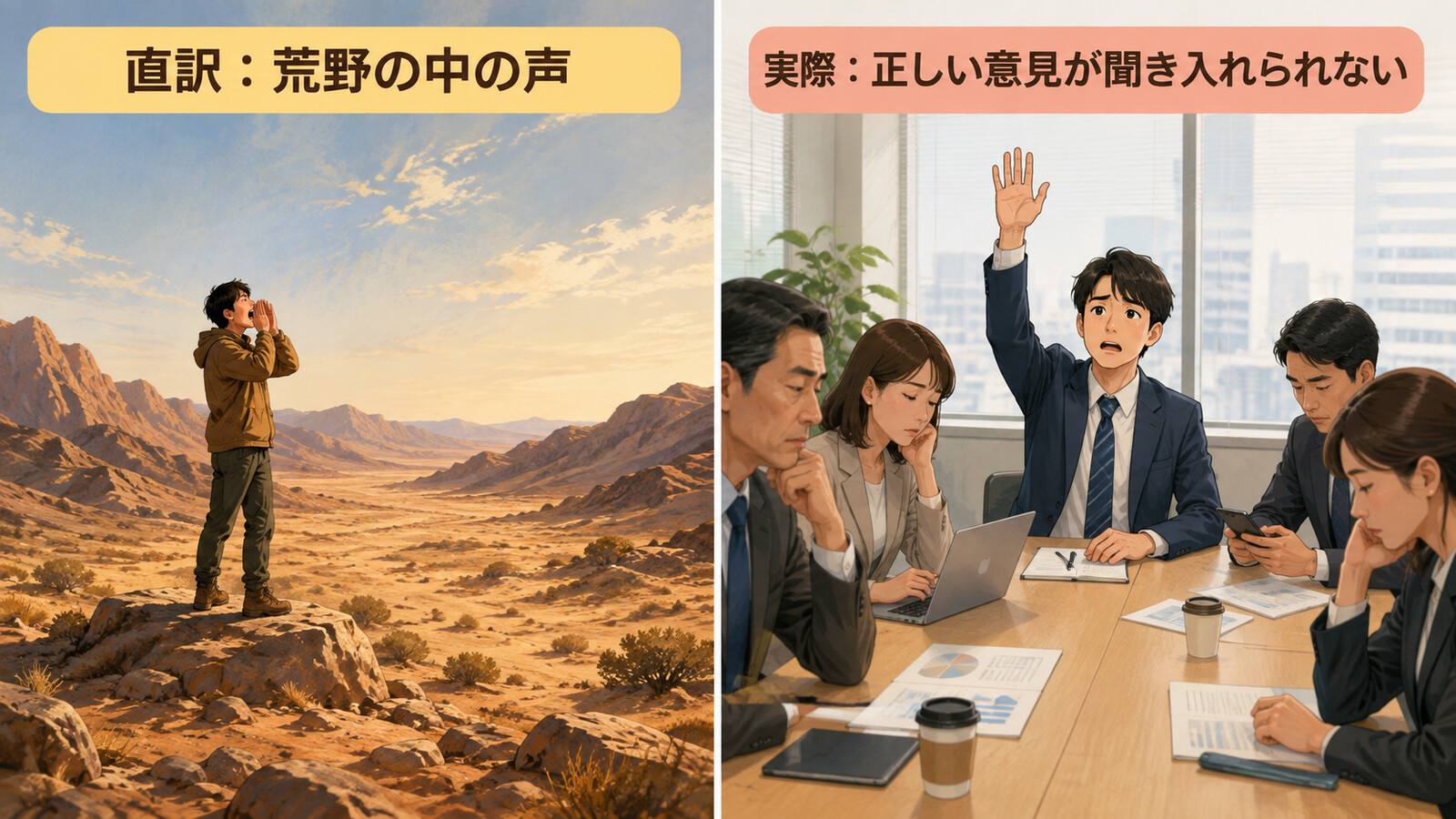 a voice in the wildernessの直訳と正しい意見が聞き入れられない意味を比較するイラスト