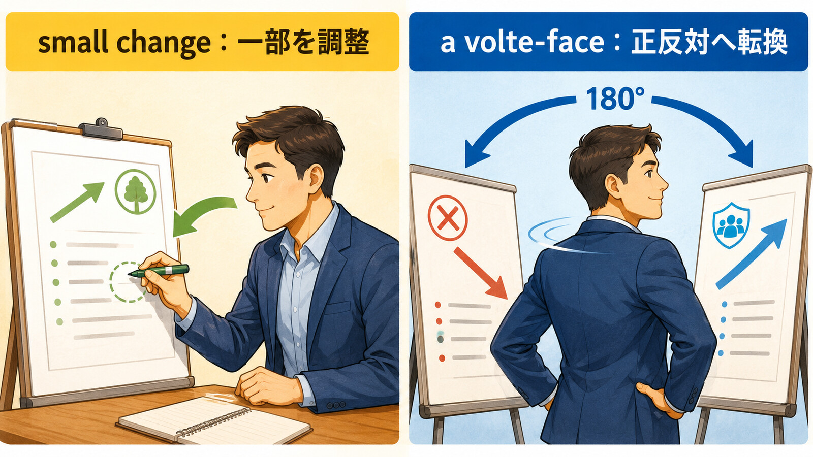 small changeとa volte-faceの完全な方向転換を比較するイラスト