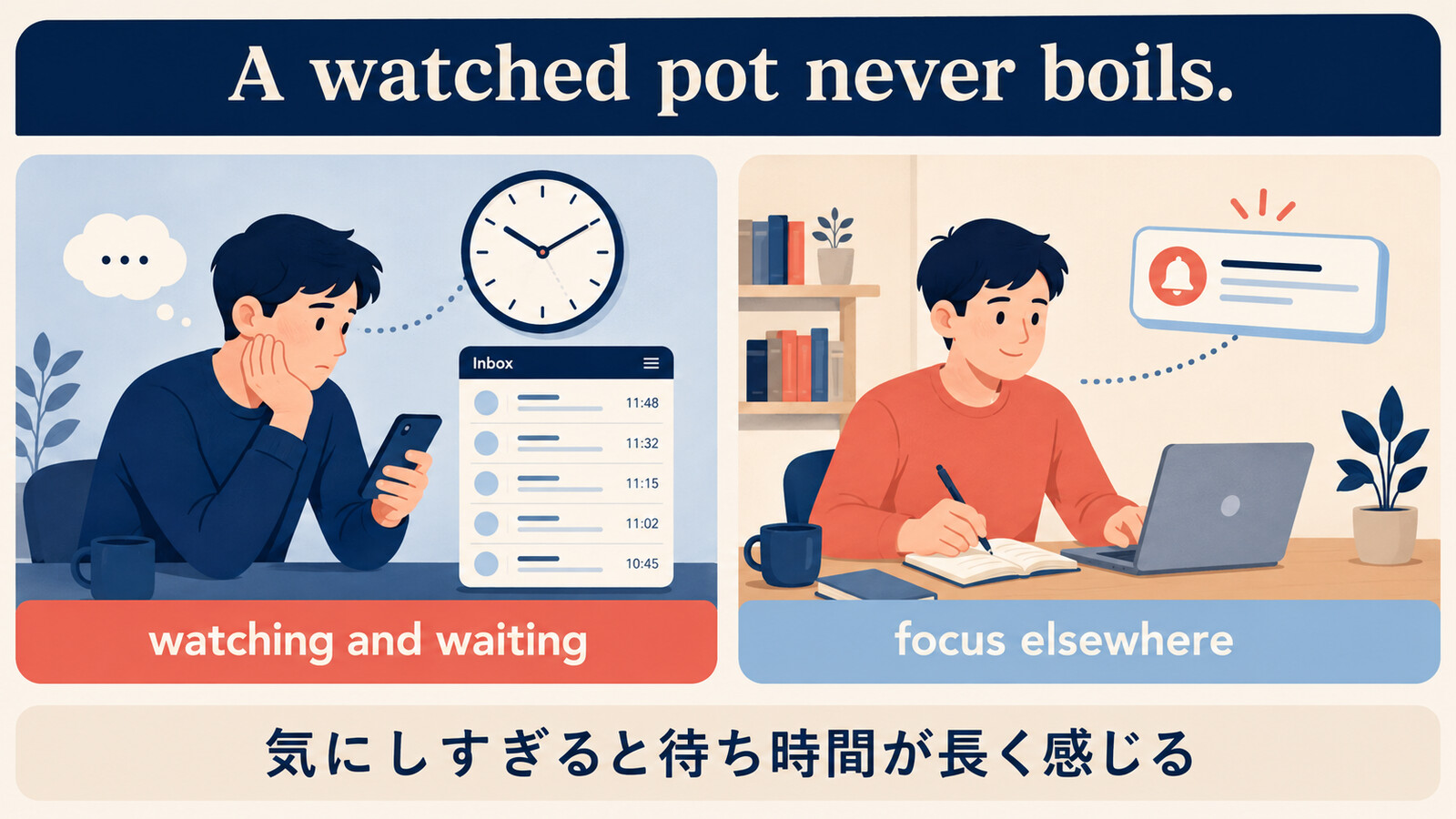 A watched pot never boilsの待ち時間の感じ方を示す解説図