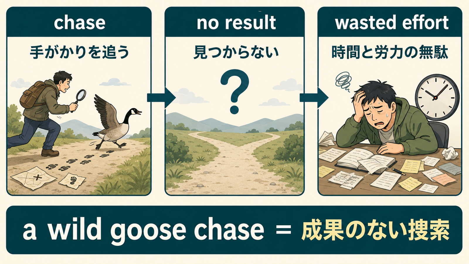 a wild goose chaseが手がかりを追っても成果がなく時間と労力の無駄になる流れを示す解説図