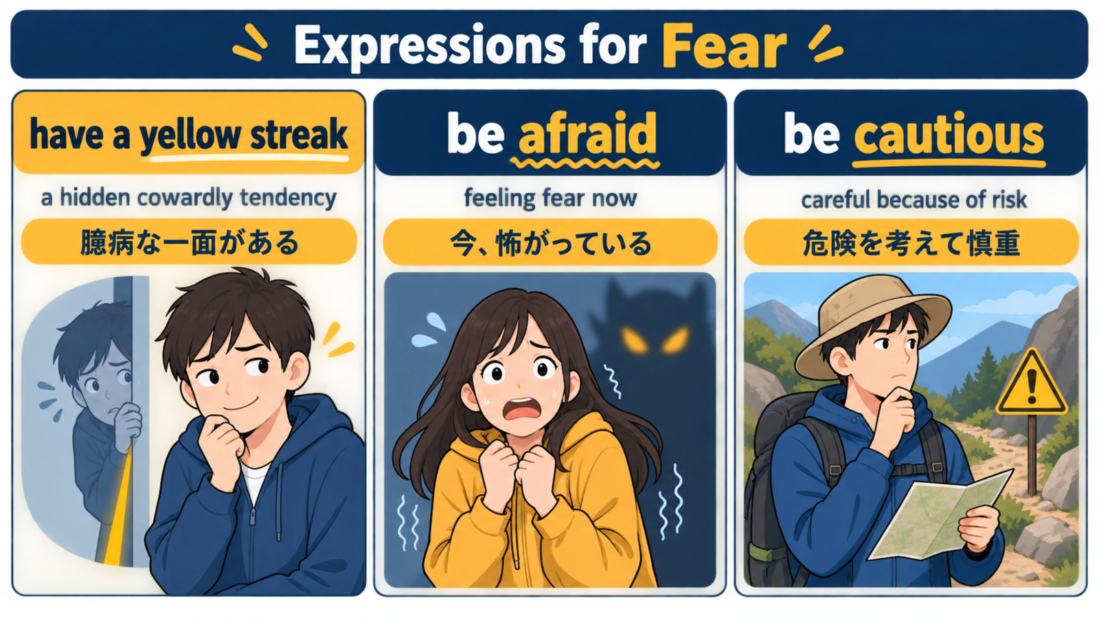 have a yellow streak、be afraid、be cautiousの違いを示す解説イラスト
