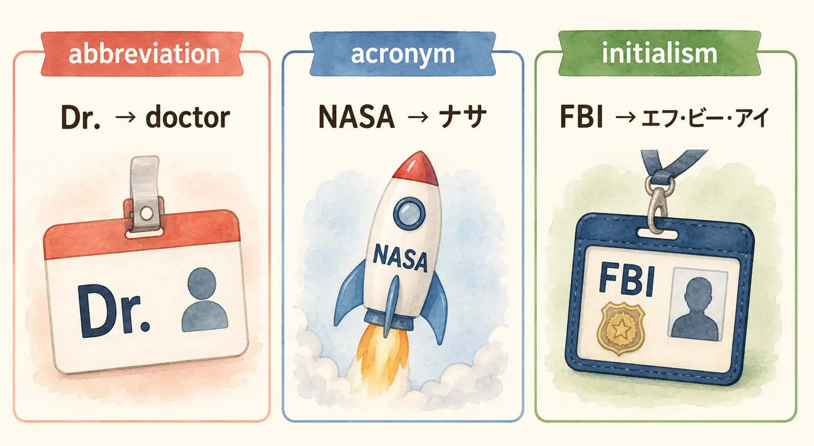 abbreviation・acronym・initialismの違いをDr.・NASA・FBIで比較した図解