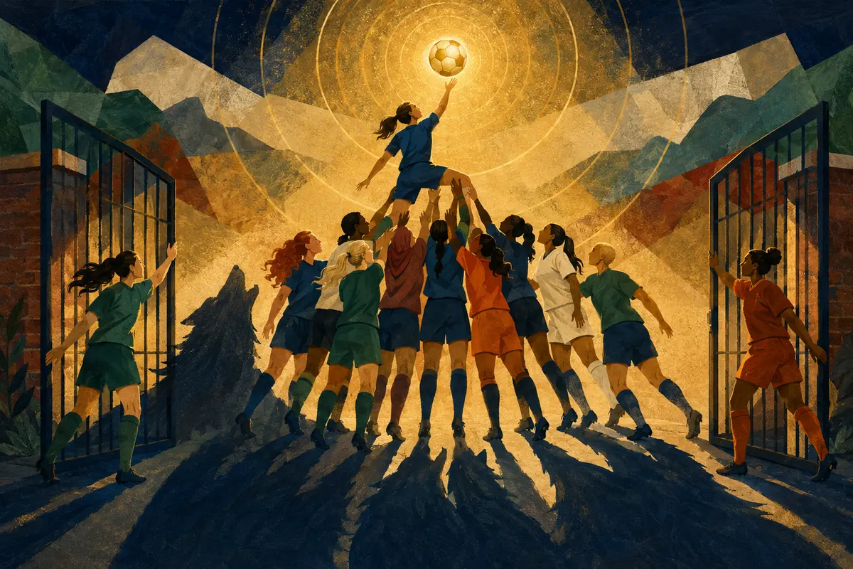 A team of women lifting one another toward a shared victory