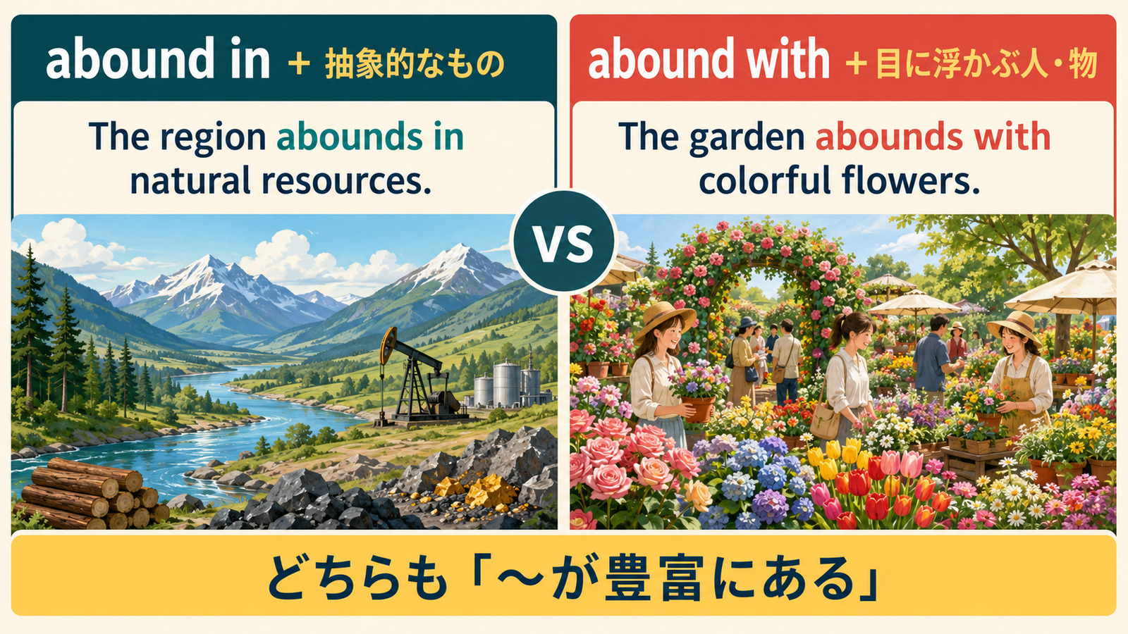 abound inは抽象的なもの、abound withは目に浮かぶ人や物と結びつきやすいことを示す比較図