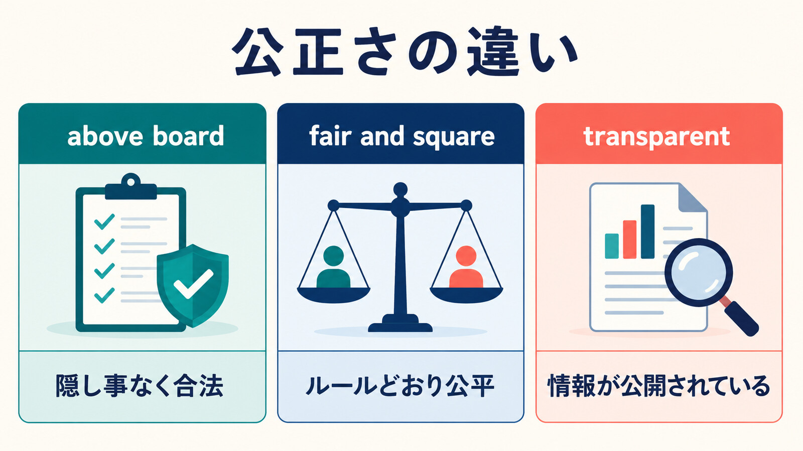 above board、fair and square、transparentのニュアンスの違いを比較した解説図
