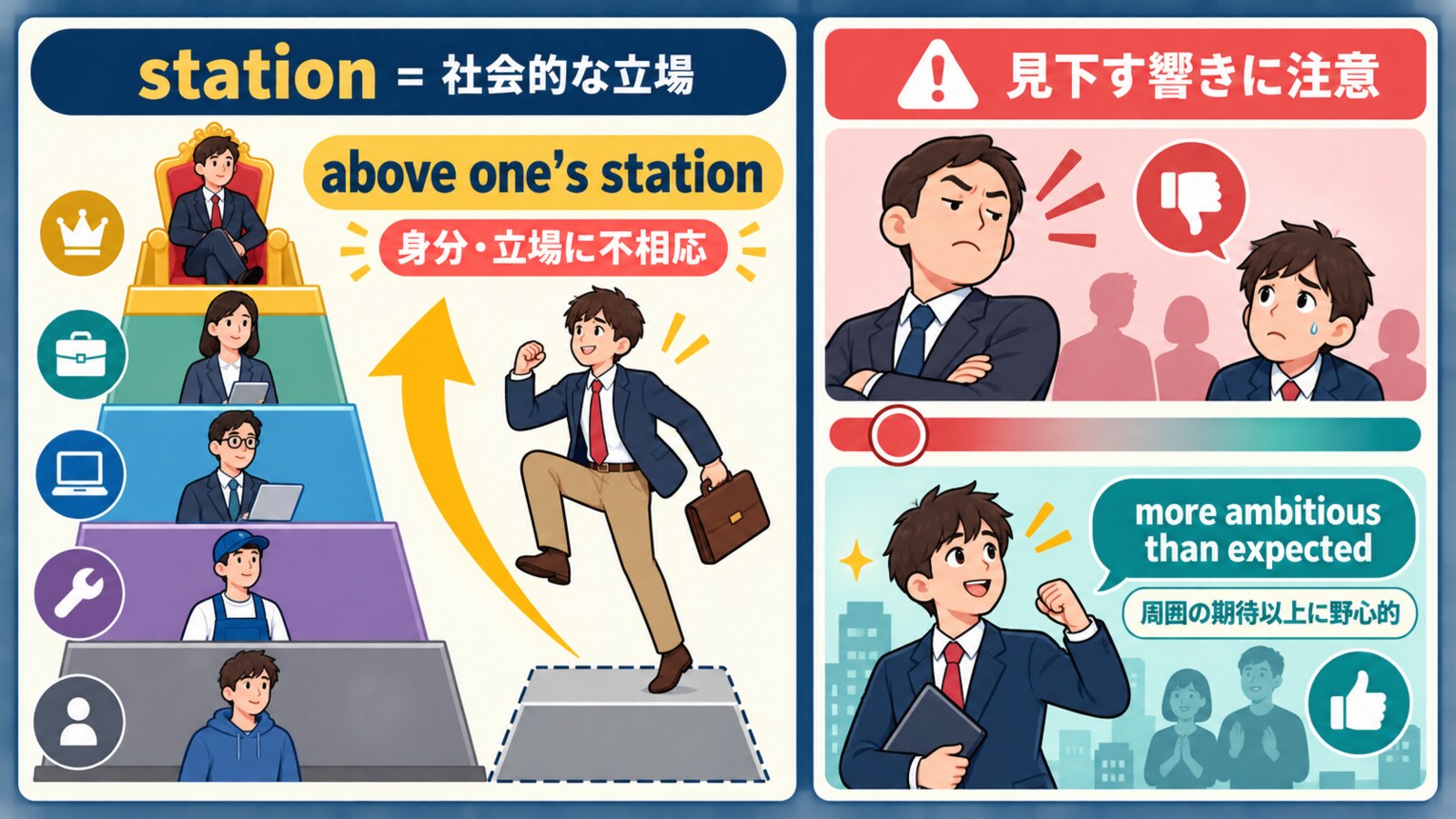above one's stationの社会的立場という意味と見下す響きを説明する図