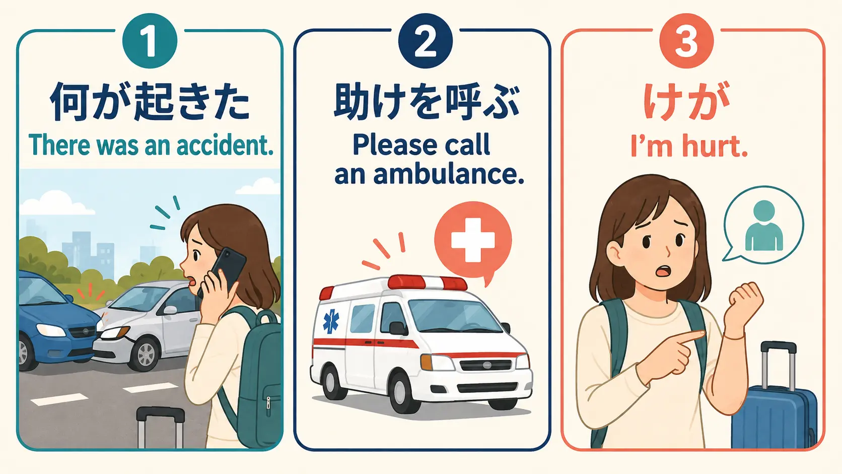 事故発生・救急車・けがを簡単な英語で伝える図解