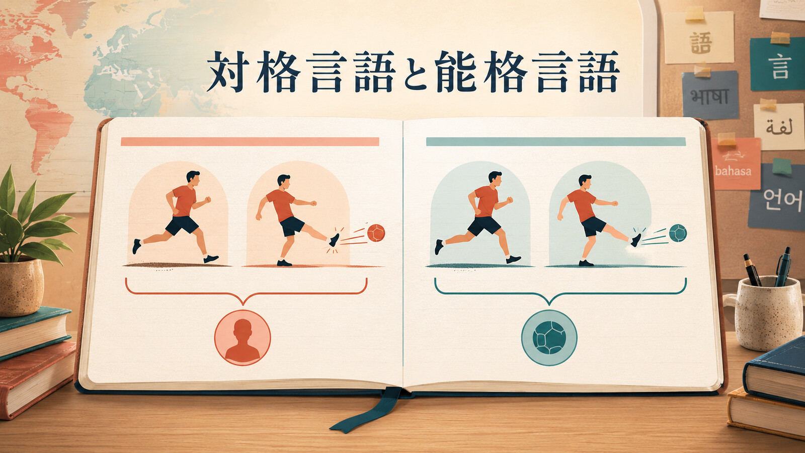 対格言語と能格言語で文の参加者を異なる方法でまとめる仕組みを示すイラスト