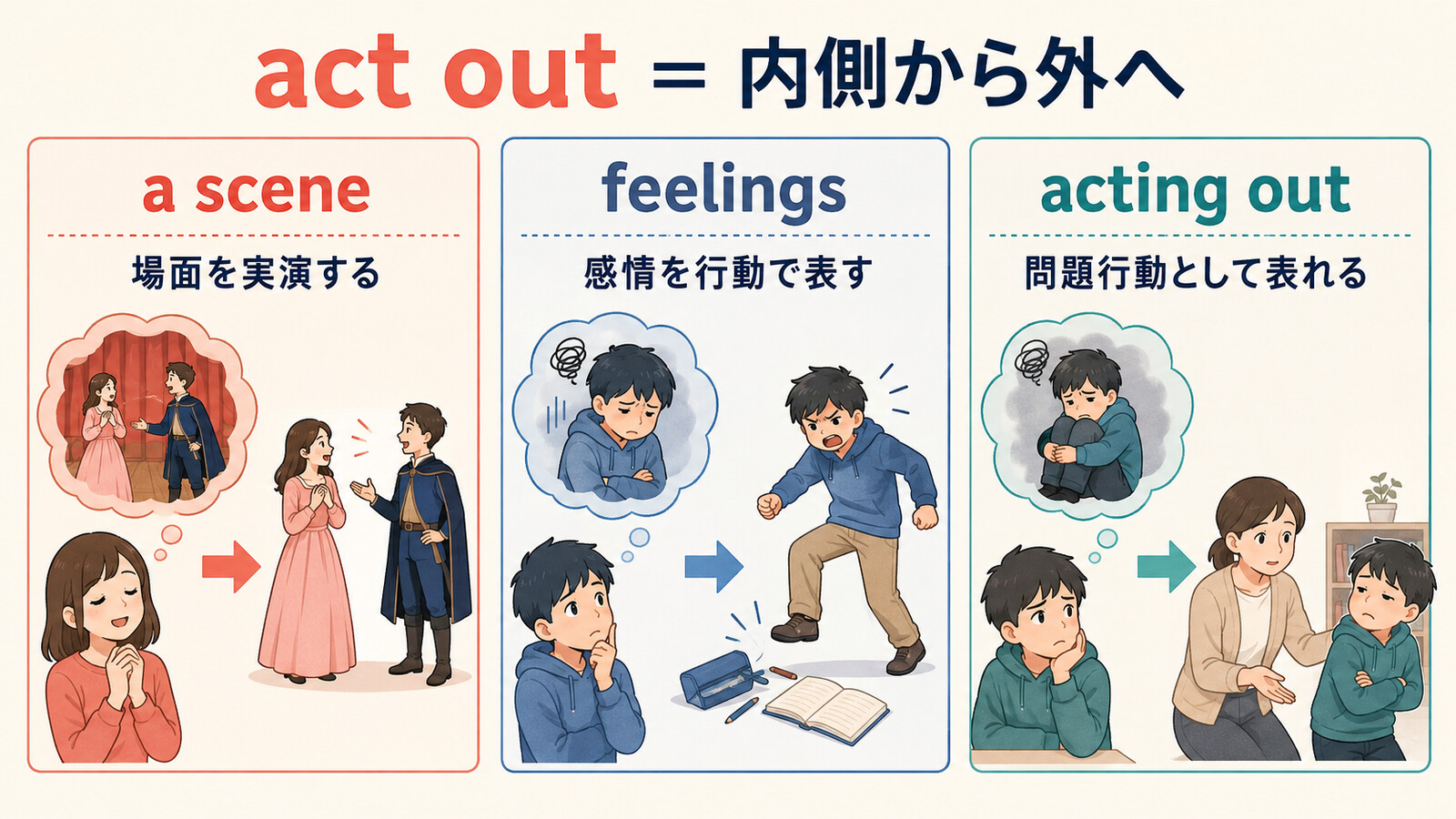 act outの場面の実演・感情の表出・問題行動という3つの用法を比較したイラスト