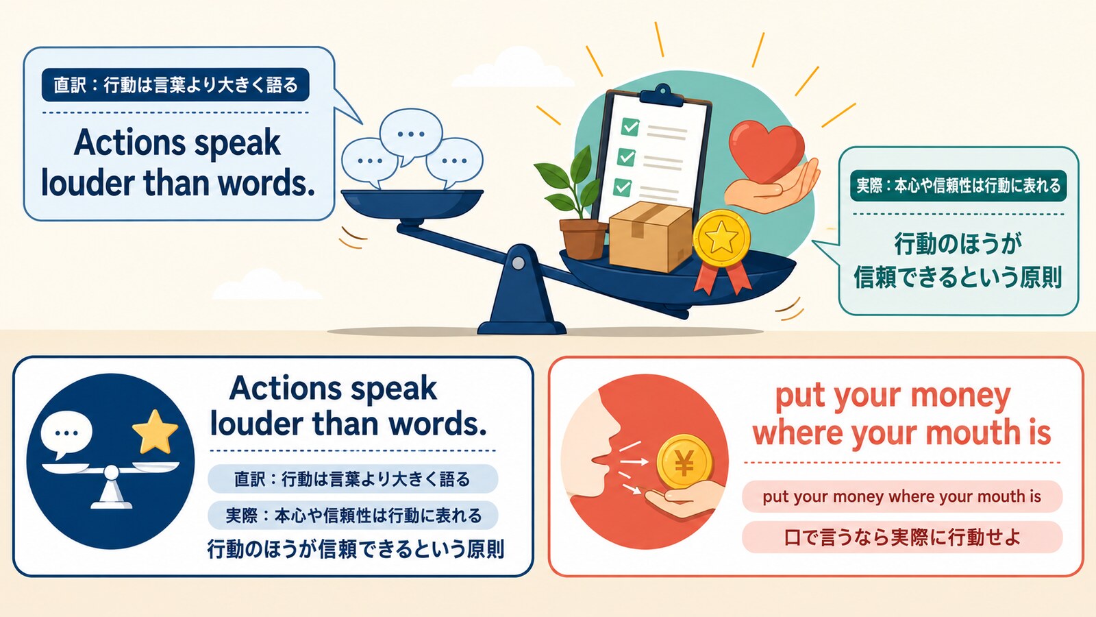 Actions speak louder than wordsとput your money where your mouth isのニュアンスの違い