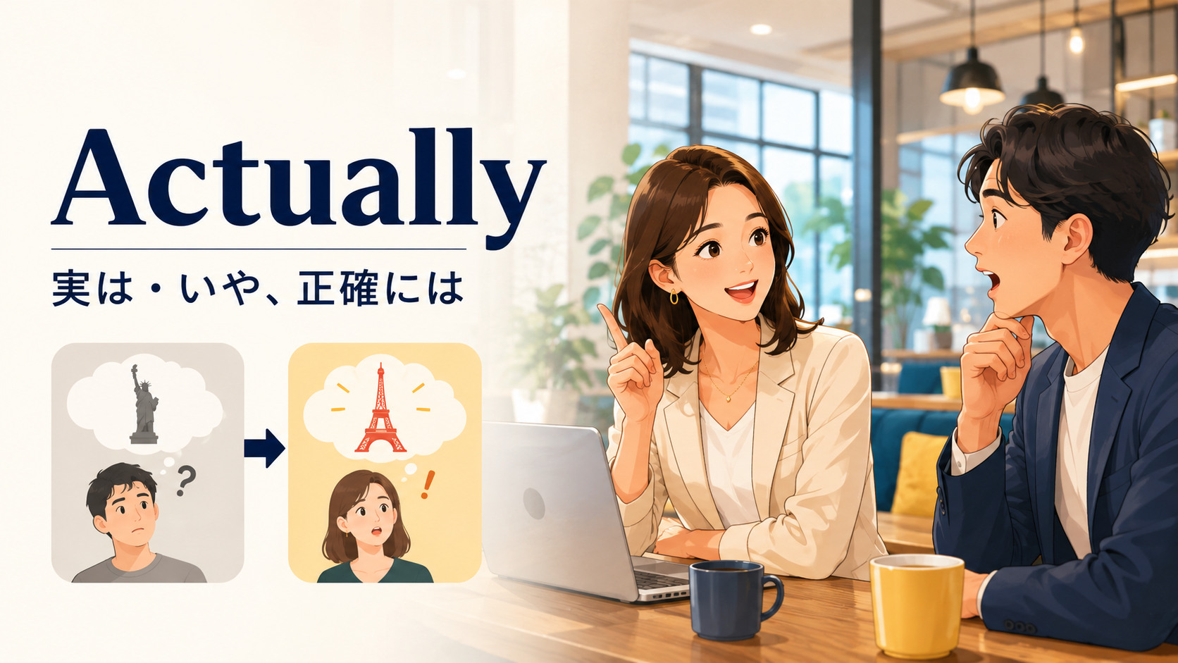 Actuallyで思い込みをやさしく訂正して実際の事実を伝える会話