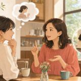 Actuallyの意味を会話で本当のことを打ち明ける場面として表したイラスト