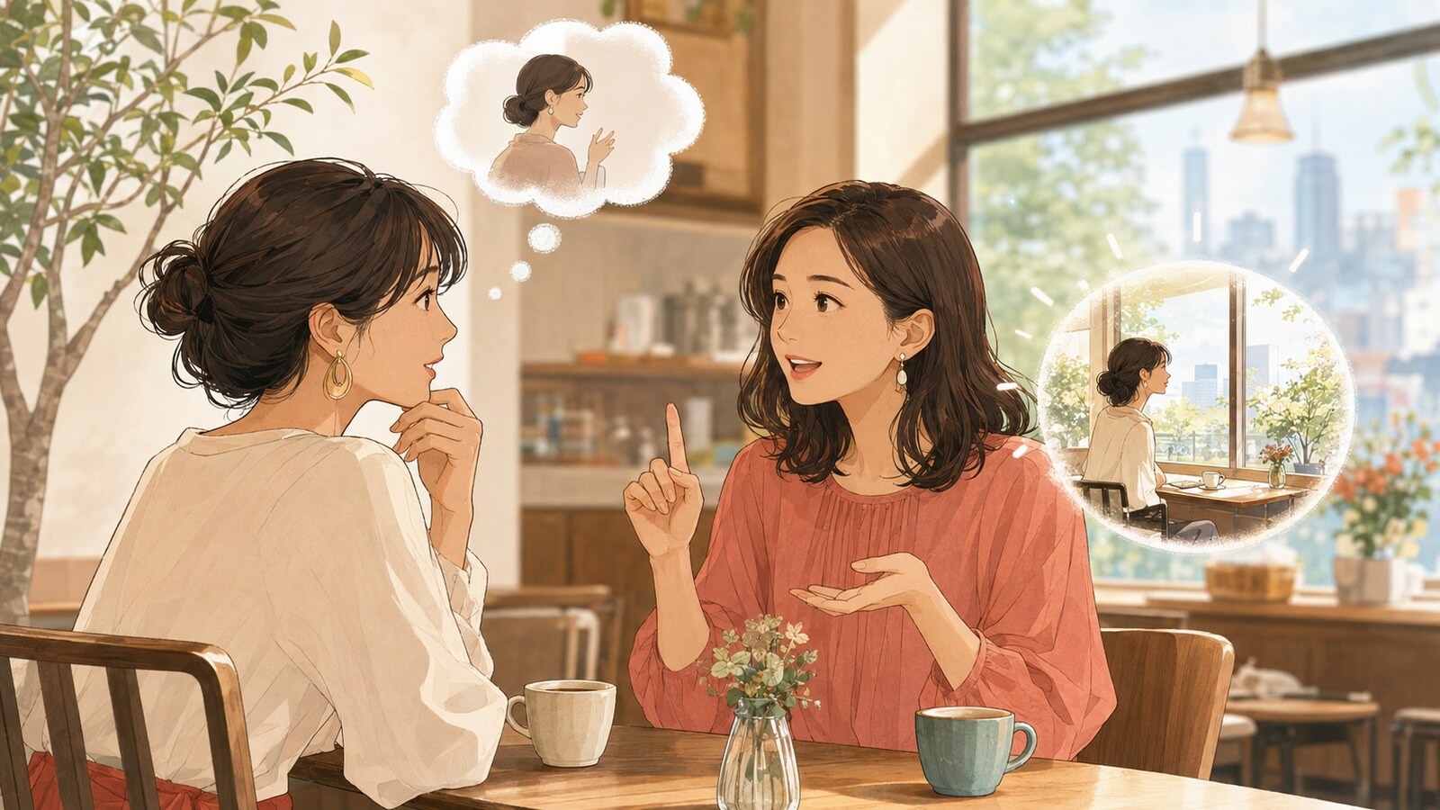 Actuallyの意味を会話で本当のことを打ち明ける場面として表したイラスト