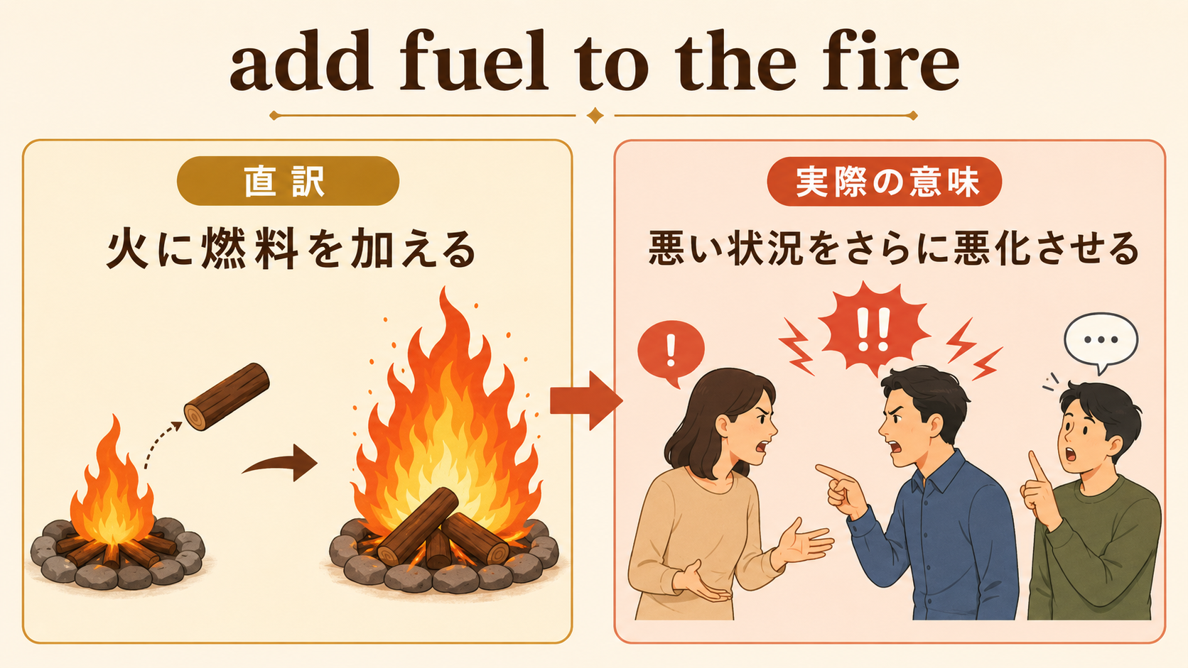 add fuel to the fireの直訳「火に燃料を加える」と実際の意味「悪い状況をさらに悪化させる」の比較