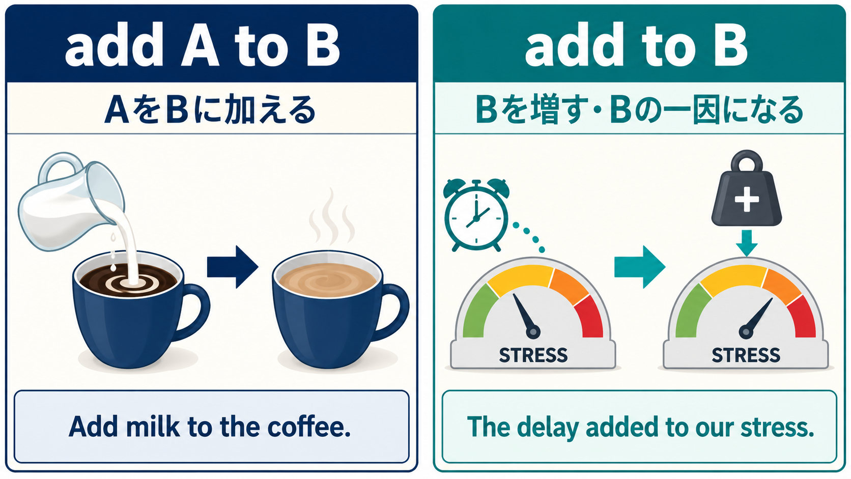 add A to Bとadd to Bの語順と意味の違いを示す解説図