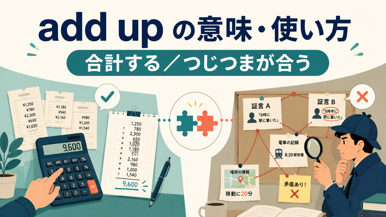 add upの意味は？「合計する・つじつまが合う」の使い方とadd up toの違い