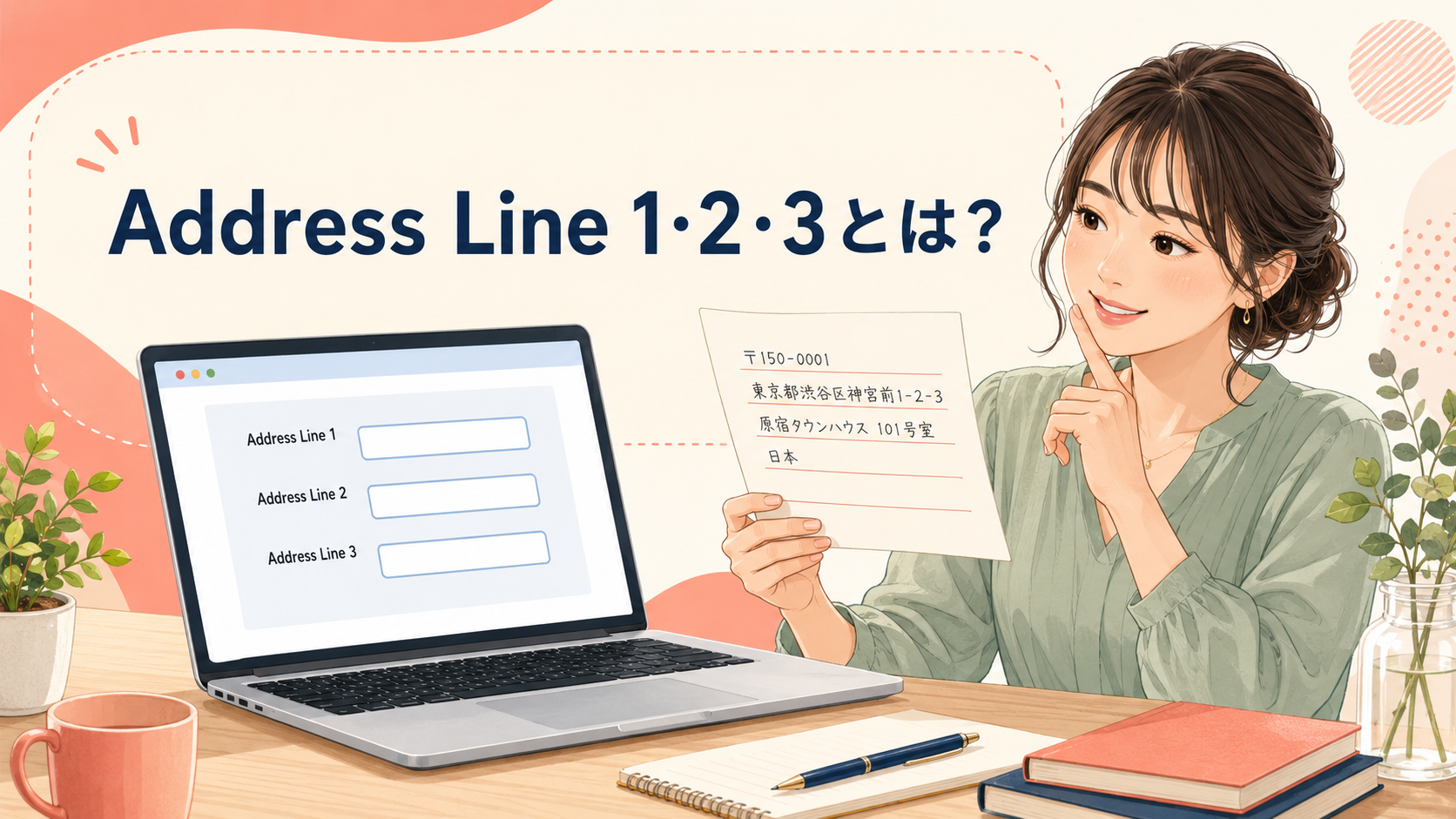 海外フォームのAddress Line 1・2・3へ日本の住所を入力する女性