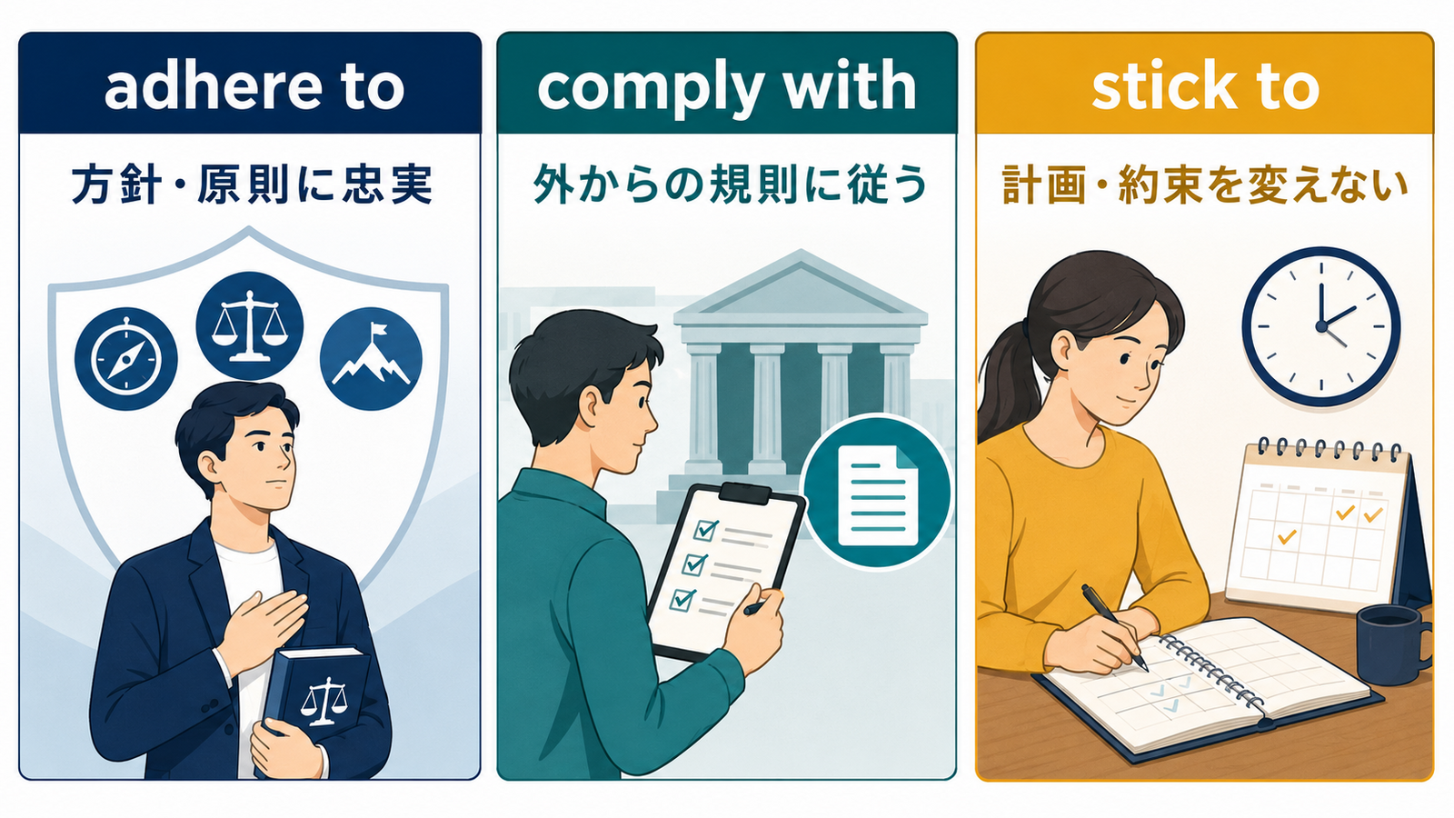 adhere to・comply with・stick toのニュアンスの違いを示す比較イラスト