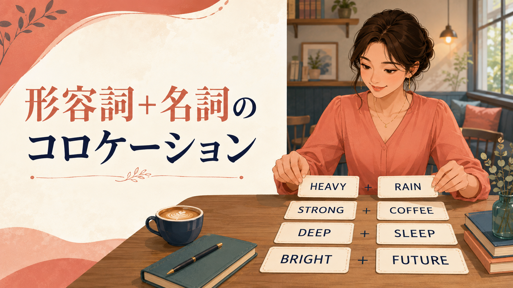 形容詞＋名詞のコロケーションを学ぶ女性とheavy rain・strong coffee・deep sleep・bright futureのカード