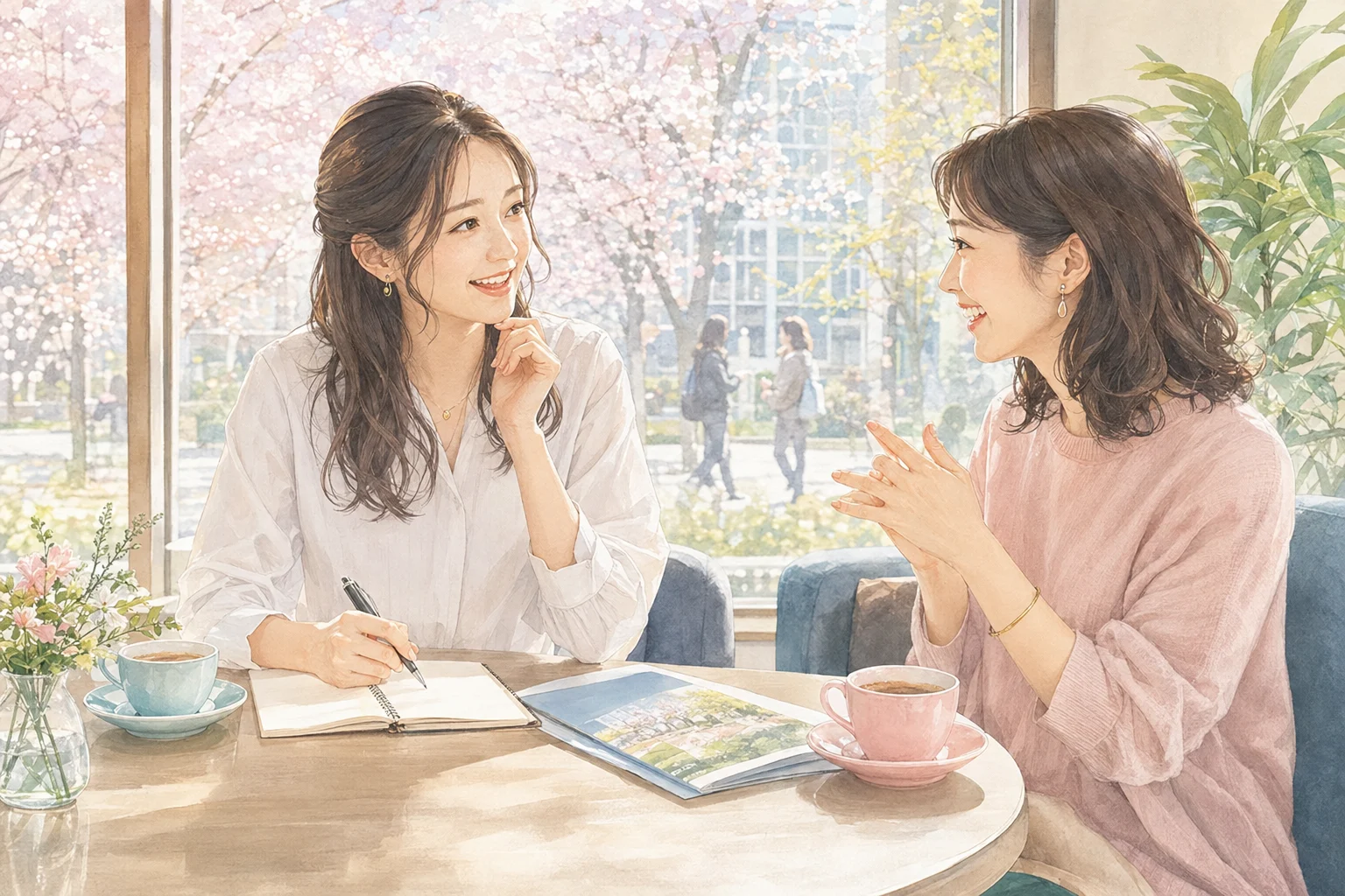 春のカフェで入学や新しい学校生活について話す大人の女性たち