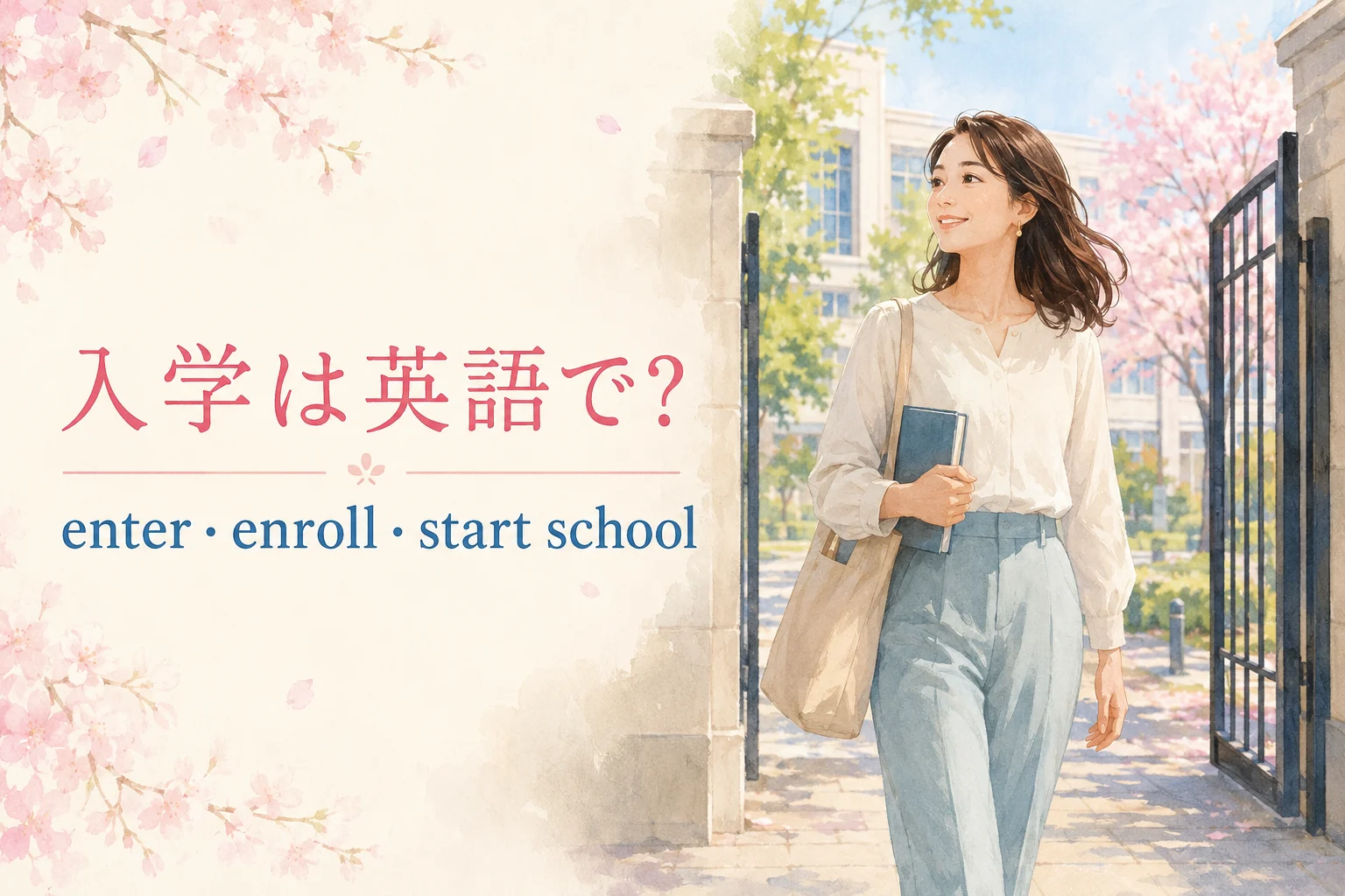 入学は英語でenter・enroll・start schoolと紹介する春のイラスト