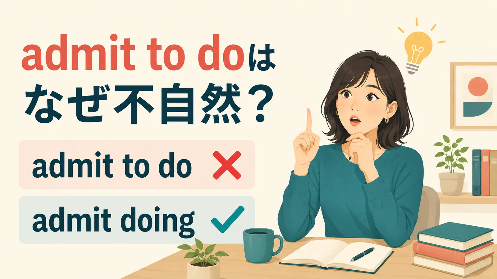 admit to doはなぜ不自然でadmit doingが自然かを示すアイキャッチ